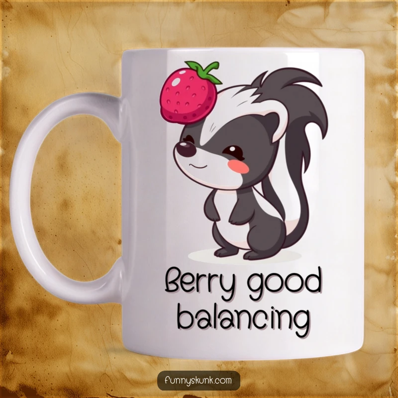 Funny skunk mug, a skunk with a comical, strained face attempting to balance a bouncing berry on its head.