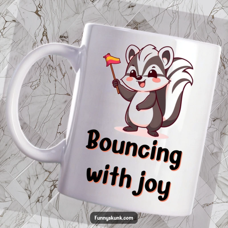Funny skunk mug, a skunk character joyfully bouncing and waving a small, colorful flag with excitement.