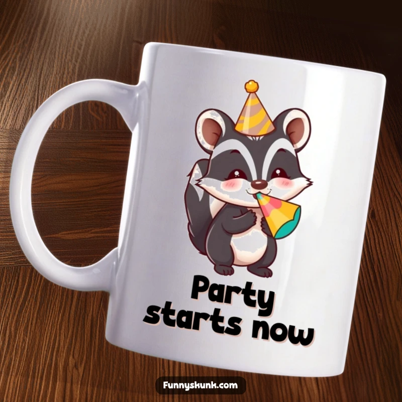 Funny skunk mug with a skunk wearing a tiny party hat and blowing a colorful noisemaker, embodying festive cheer.