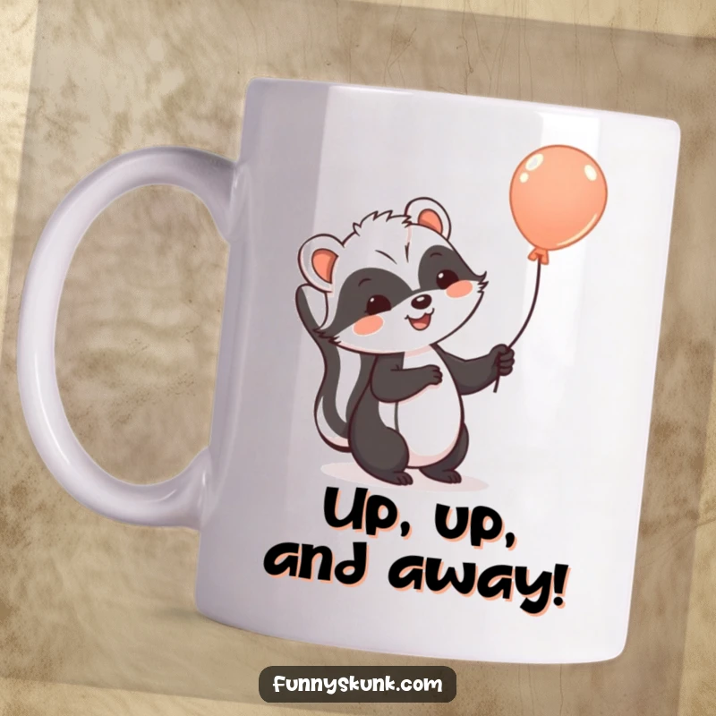 Funny skunk mug with a cheerful skunk floating upwards, holding a single balloon, embodying pure joy and lightness.