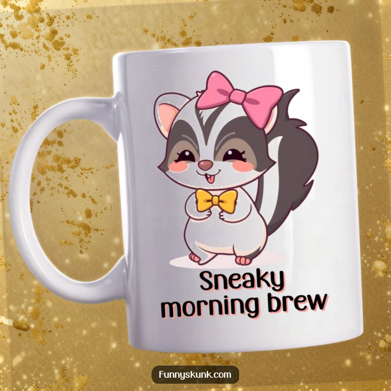 Funny skunk mug depicting a skunk wearing a bright bow, tiptoeing with mischievous glee, full of playful charm.