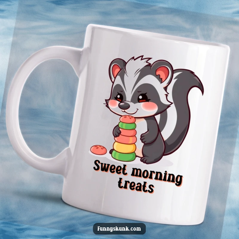 Funny skunk mug with a skunk character playfully balancing a tall stack of colorful candies on its nose with concentration.
