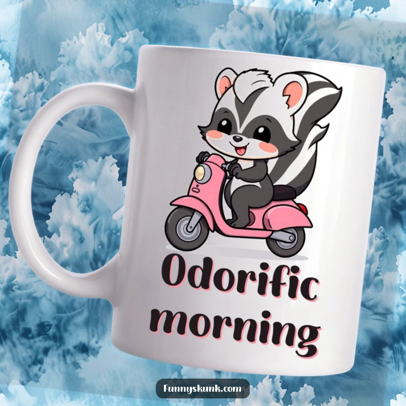Funny skunk mug showing a cheerful skunk joyfully riding a tiny scooter, full of personality and fun.