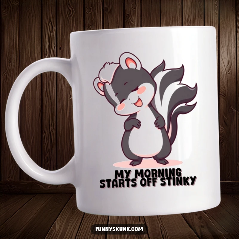 Funny skunk tripping over its tail with a wide, comical smile on a ceramic mug, perfect for humor lovers.