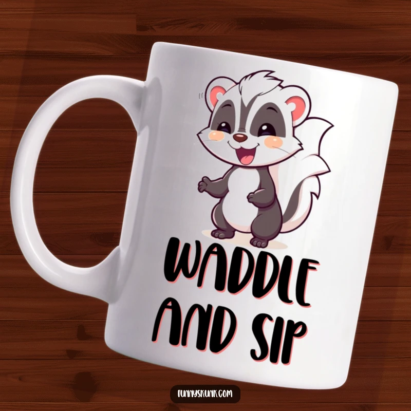 Funny skunk mug depicting a happy skunk in a silly pose, waddling with pure delight and charm.