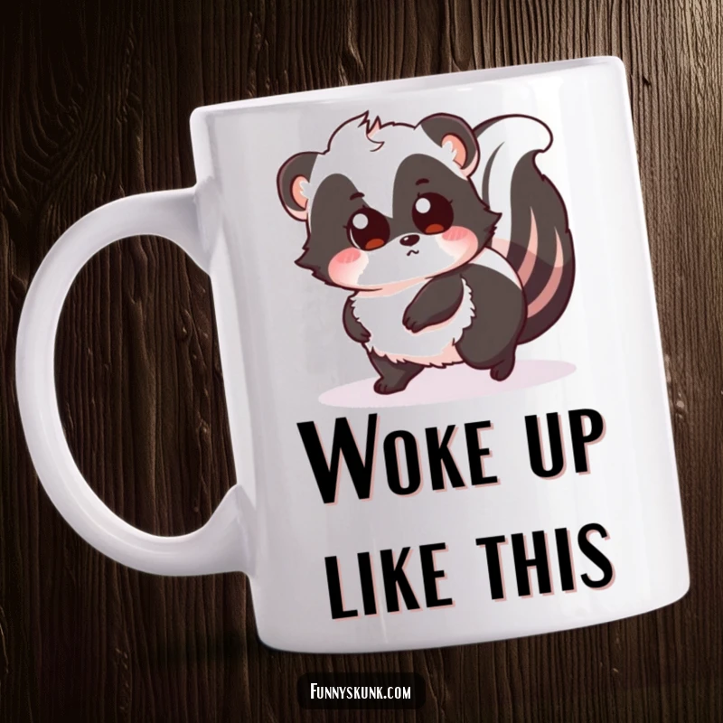 Funny ceramic mug featuring a fluffy skunk tripping comically over its own tail, eyes wide with surprise, capturing a moment of playful mishap.