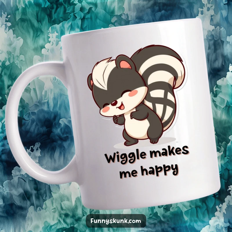 Funny skunk mug featuring a skunk comically wiggling its striped tail with undeniable delight and happiness.