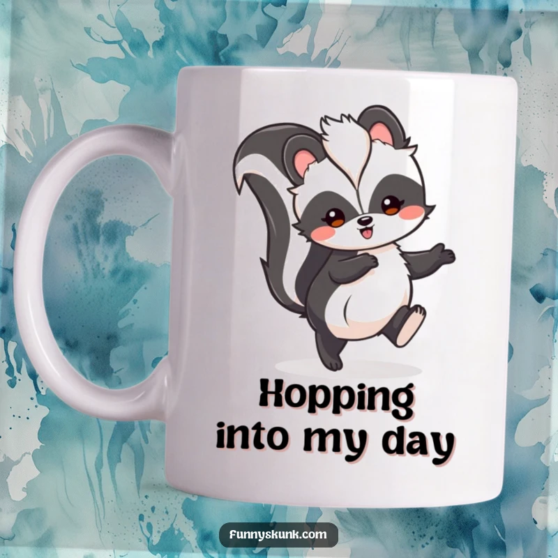 Funny skunk mug featuring a fluffy skunk in a happy hop, tail held high, radiating pure joy and energy.