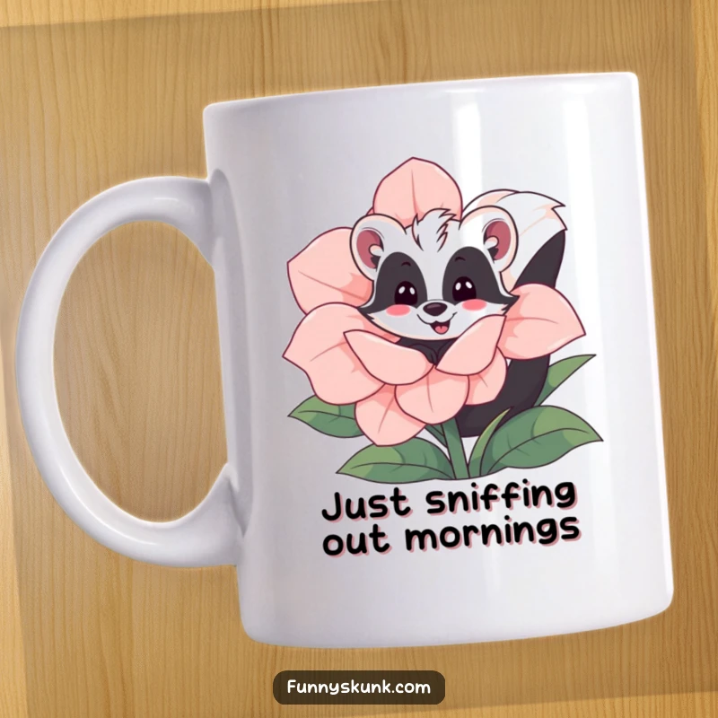 Funny skunk mug peeking playfully from behind a large, vibrant flower, showcasing a cheerful and mischievous personality.