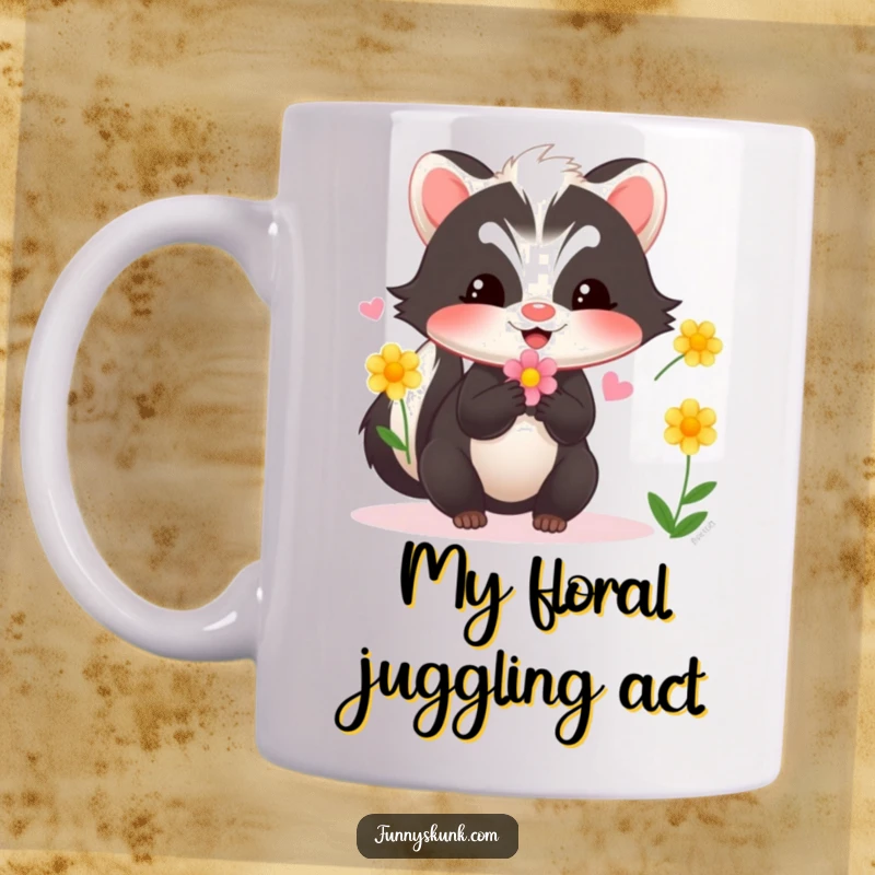Funny skunk mug depicting a cheerful skunk expertly juggling three colorful flowers with a big smile, spreading joy and floral fun.