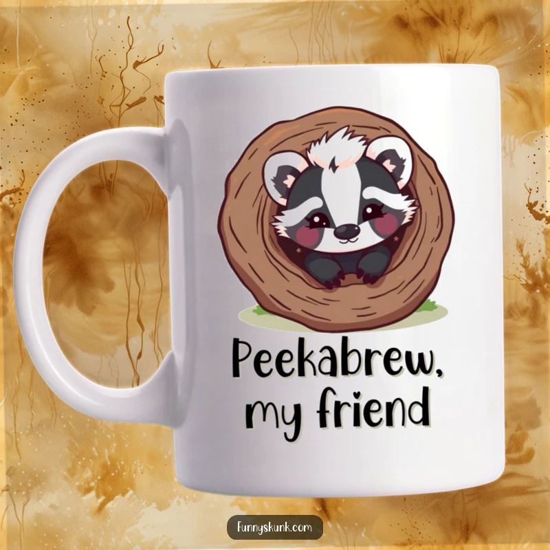 Funny skunk mug showing a mischievous skunk peeking from a hollow log with a playful wink, embodying playful secrecy.