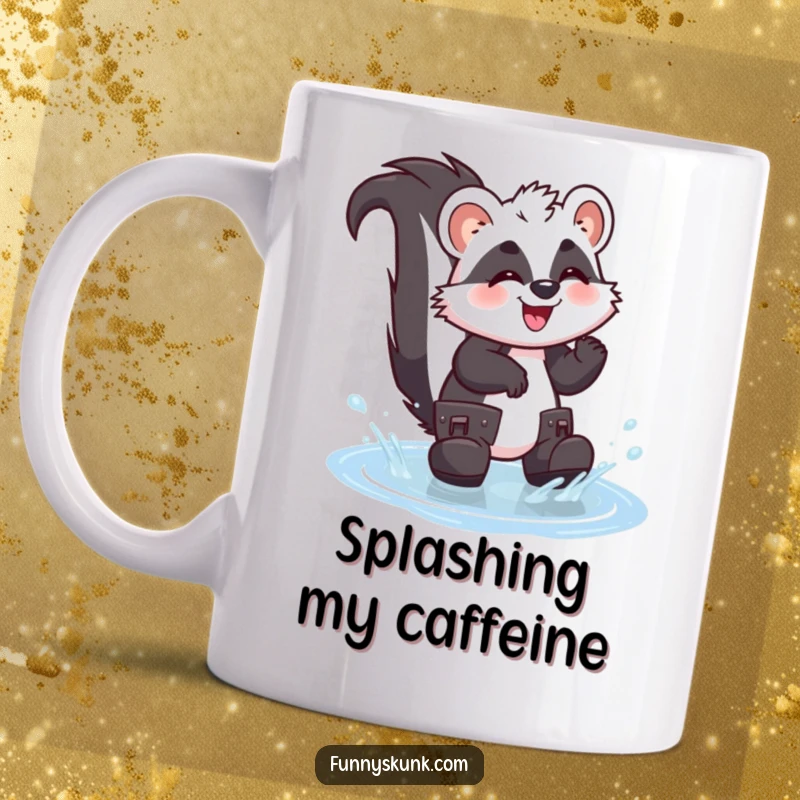 Funny skunk mug showing a giggling skunk in oversized boots joyfully splashing in a small puddle, radiating pure, wet-dog-style fun.