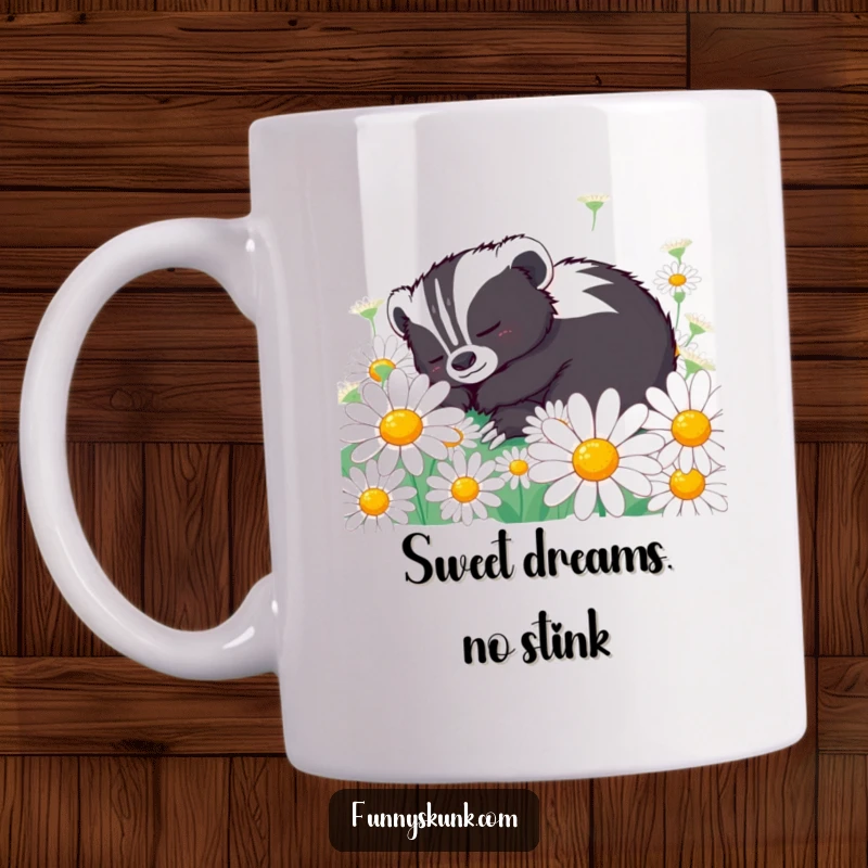 Funny skunk mug featuring a content skunk peacefully napping in a bed of oversized daisies, radiating sweet, humorous serenity.