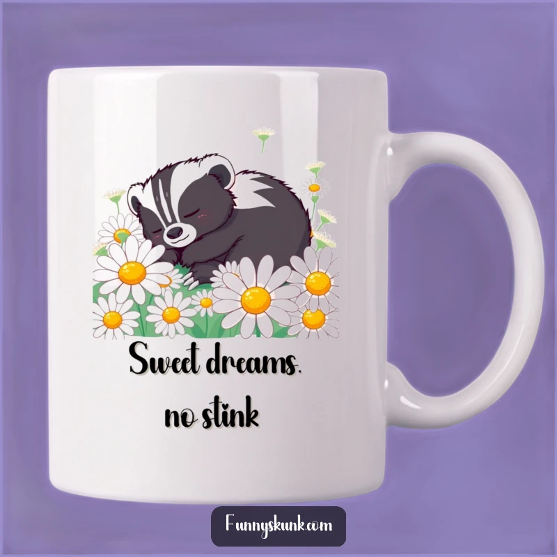 Funny Skunk Daisy Nap Mug: Peaceful Slumber Humor for a Sweet Gift!