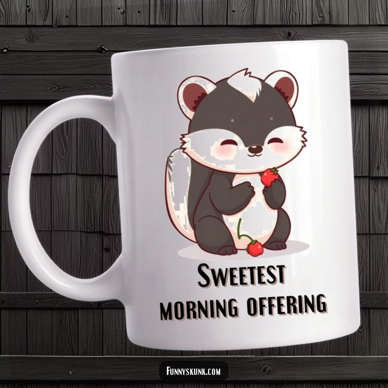Funny shy skunk mug offering a small, sweet berry with a hopeful expression, embodying gentle kindness and a touch of humor.