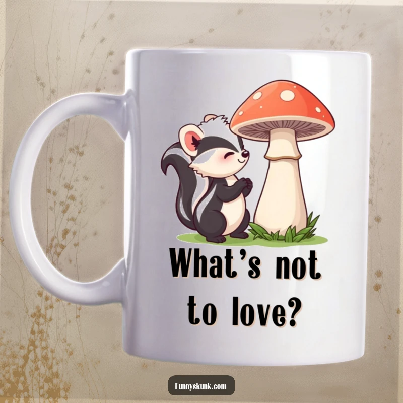 Funny skunk mug showing a curious skunk with a sweet smile gently sniffing a large, shy mushroom, highlighting a moment of woodland discovery.