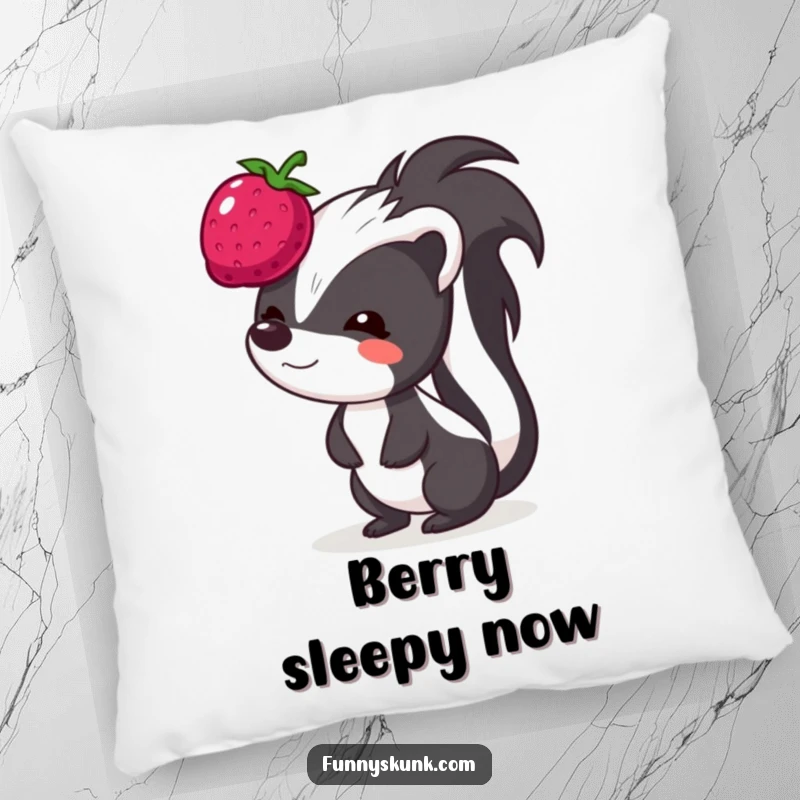 Funny skunk pillow, a skunk making a funny face while attempting to balance a bouncing berry on its head.