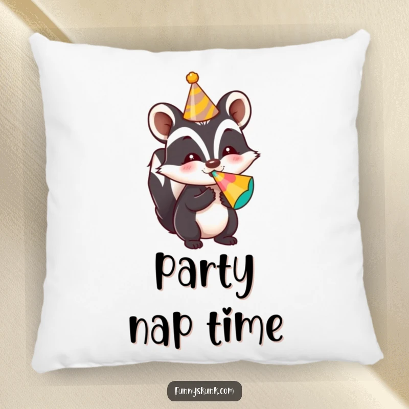 Funny skunk pillow featuring a skunk in a party hat blowing a noisemaker, offering comfort and festive cheer.