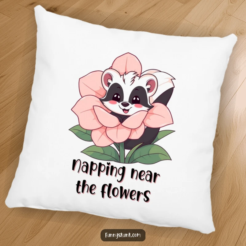 Funny skunk pillow featuring a happy skunk peeking out from behind a large blooming flower, offering comfort and humor.