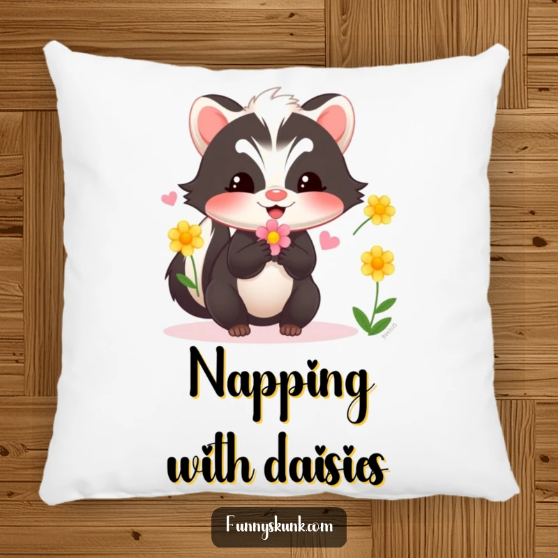 Funny skunk pillow featuring a happy skunk juggling a vibrant assortment of flowers, providing comfort and a touch of playful charm.