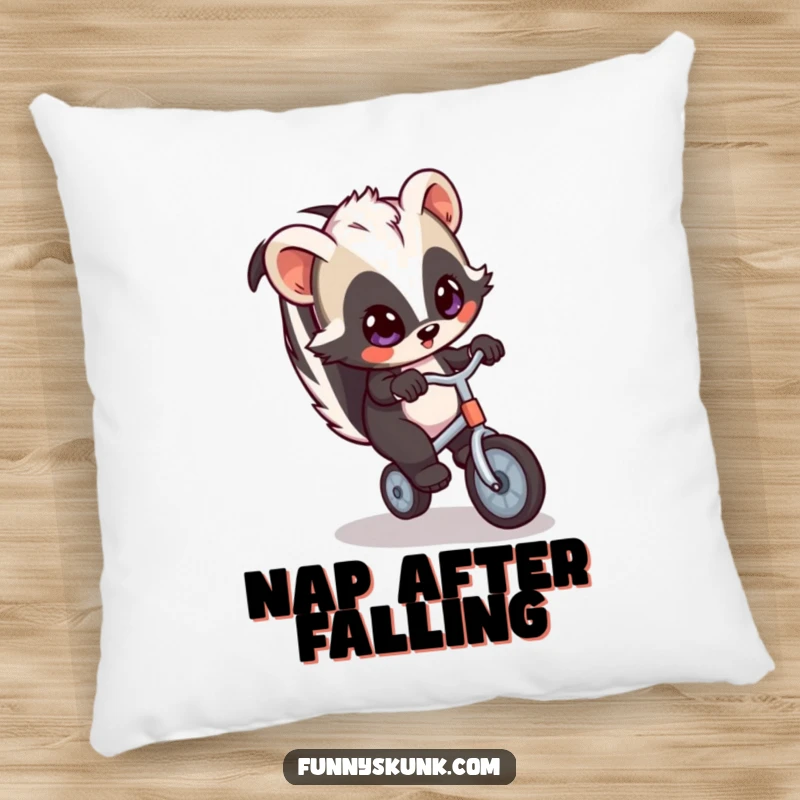 Funny skunk pillow showing a skunk with wide eyes humorously trying to balance on a tiny unicycle, perfect for adding comfort and laughs.