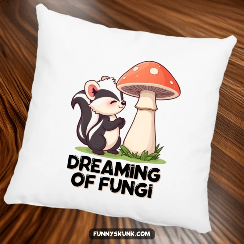 Funny skunk pillow showing a curious skunk with a sweet smile sniffing a large, shy mushroom, adding a touch of gentle woodland charm.