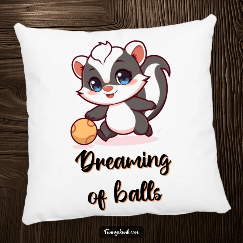 Funny skunk pillow featuring a skunk with wide eyes playfully chasing a ball, for cozy and energetic decor.
