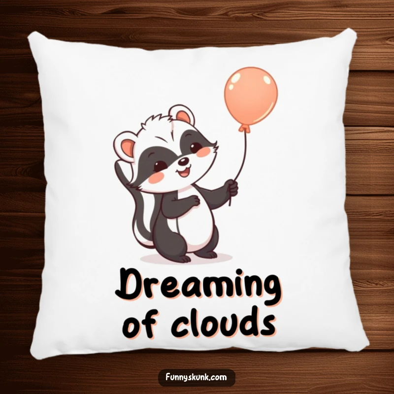 Funny skunk pillow with a cheerful skunk holding a balloon, floating gently upwards, offering a soft and humorous decorative touch.