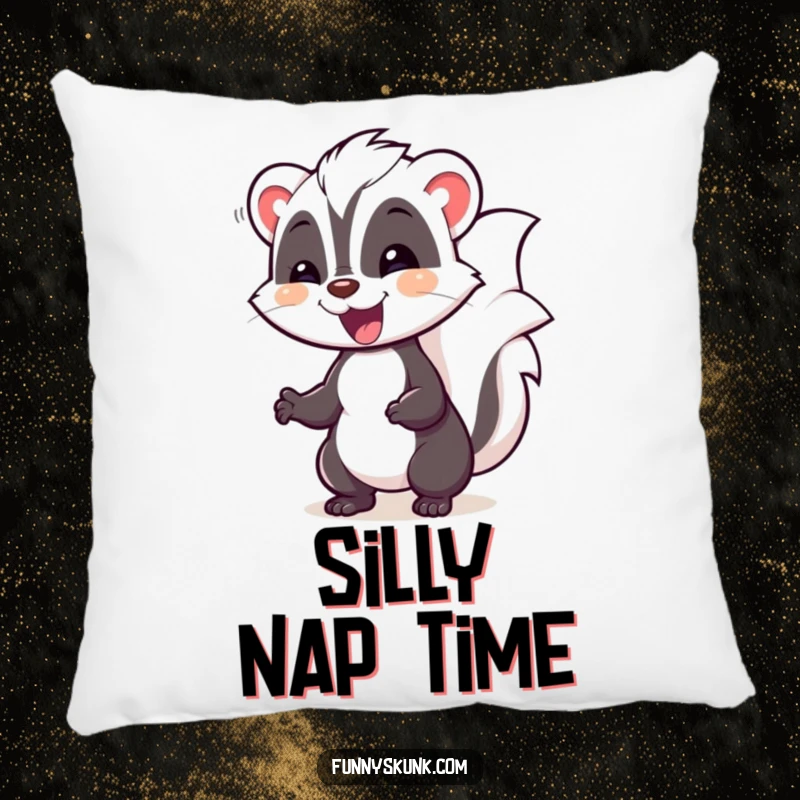 Funny skunk pillow featuring a happy skunk in a silly pose, waddling with delight, for cozy and humorous decor.