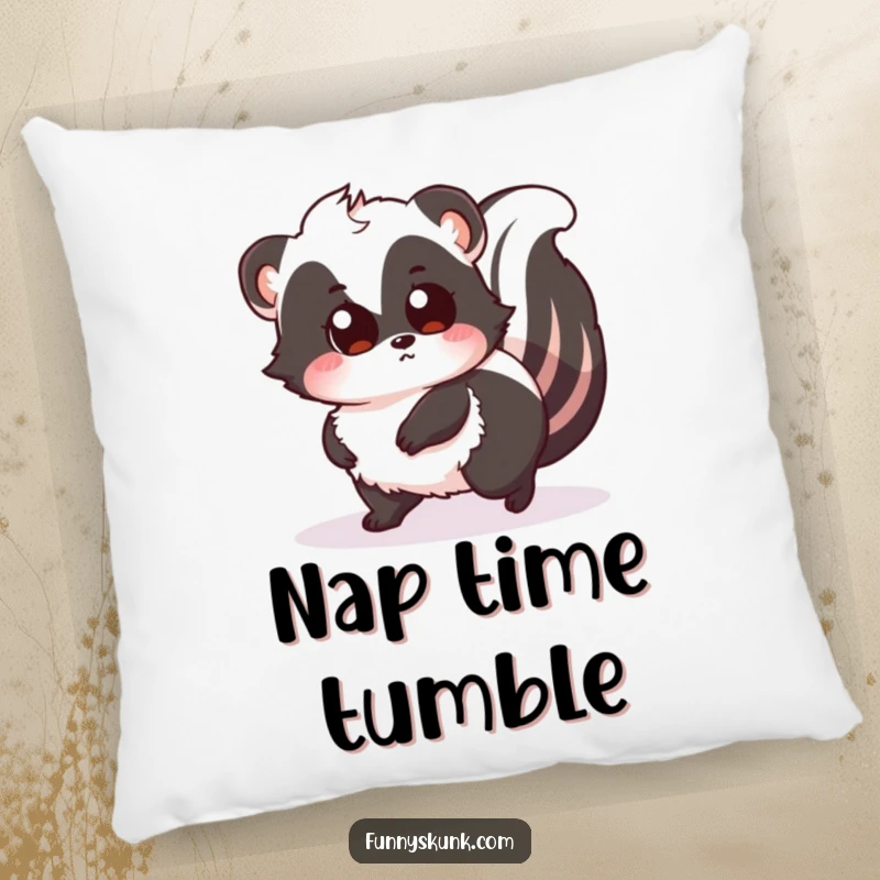 Funny decorative pillow featuring a fluffy skunk tripping over its tail, eyes wide with surprise, adding whimsical humor to any room.
