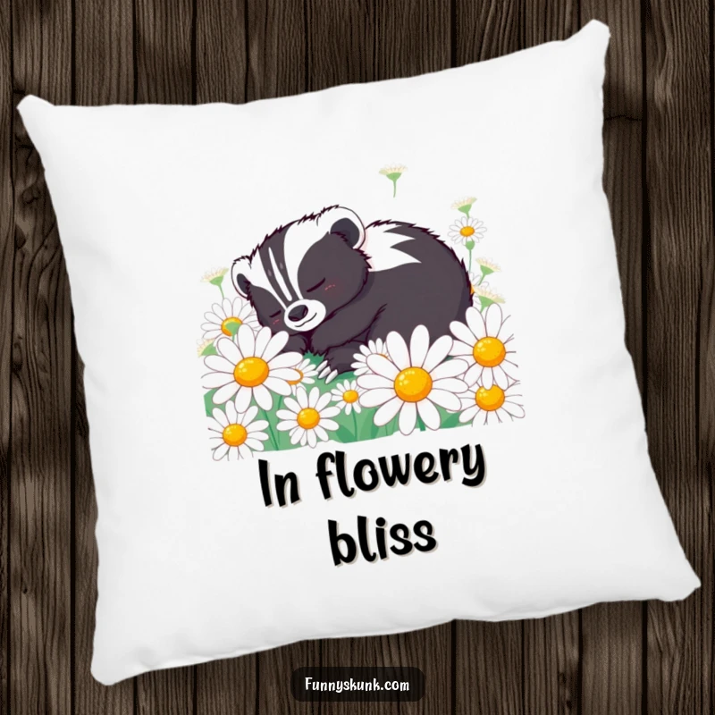 Funny skunk pillow with a content skunk character napping peacefully in oversized daisies, offering floral comfort and humorous calm.