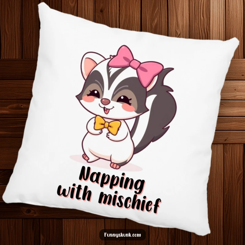 Funny skunk pillow featuring a skunk with a bright bow, tiptoeing with mischievous glee, for cozy and playful decor.