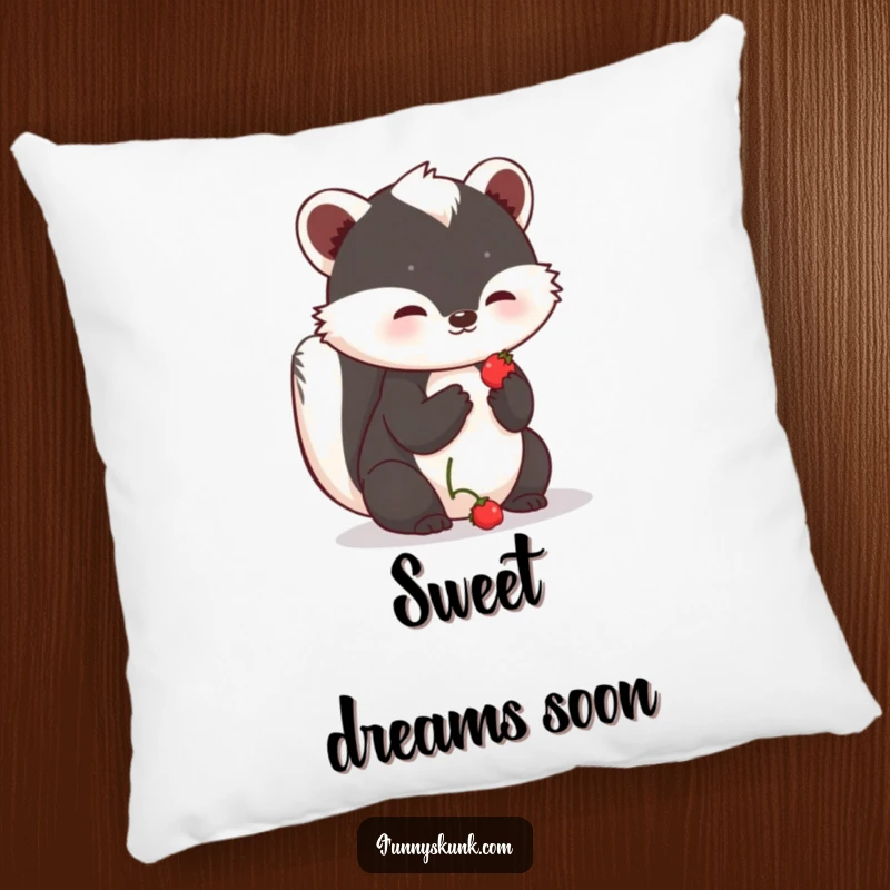 Funny shy skunk pillow featuring a skunk offering a small, sweet berry with a hopeful expression, perfect for cozying up.