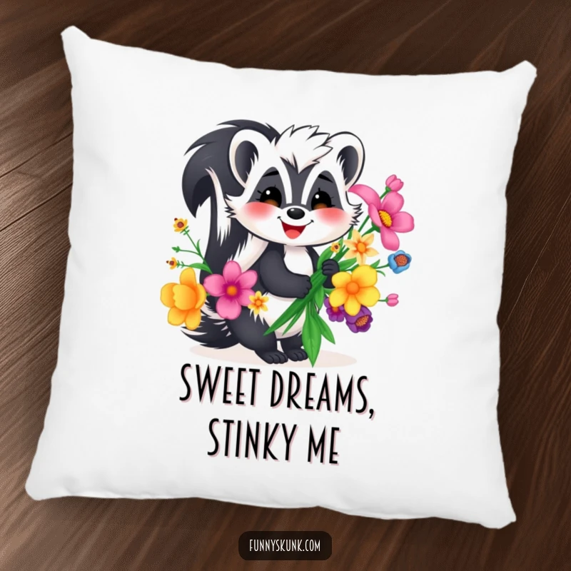 Funny skunk pillow with a big smile, holding a bouquet of colorful, unusual flowers, a soft and humorous decorative item.