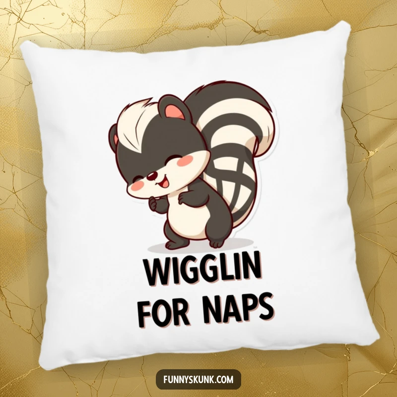 Funny skunk pillow, a skunk enthusiastically wiggling its striped tail, radiating pure comical delight and happiness.