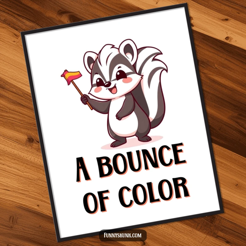 Funny skunk digital art print, a skunk character bouncing and waving a small, colorful flag with pure excitement.