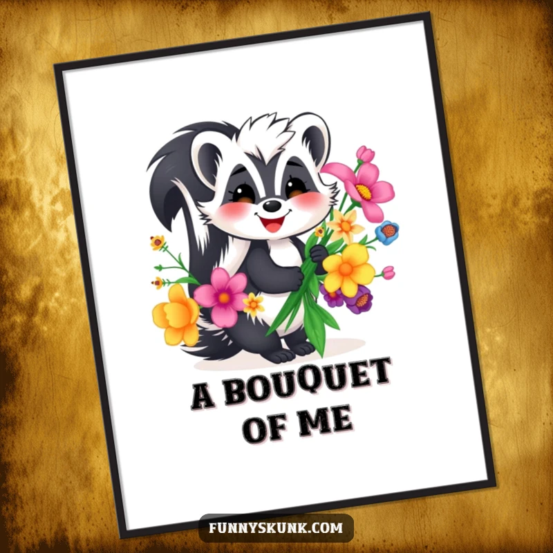 Funny skunk digital art print, a smiling skunk joyfully presenting a bouquet of unusual, vibrant flowers.