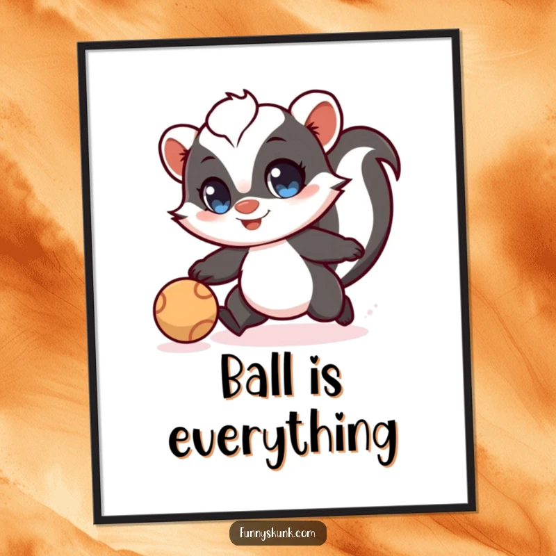 Funny skunk digital art print of a skunk with wide eyes playfully chasing a ball, for humorous and energetic decor.