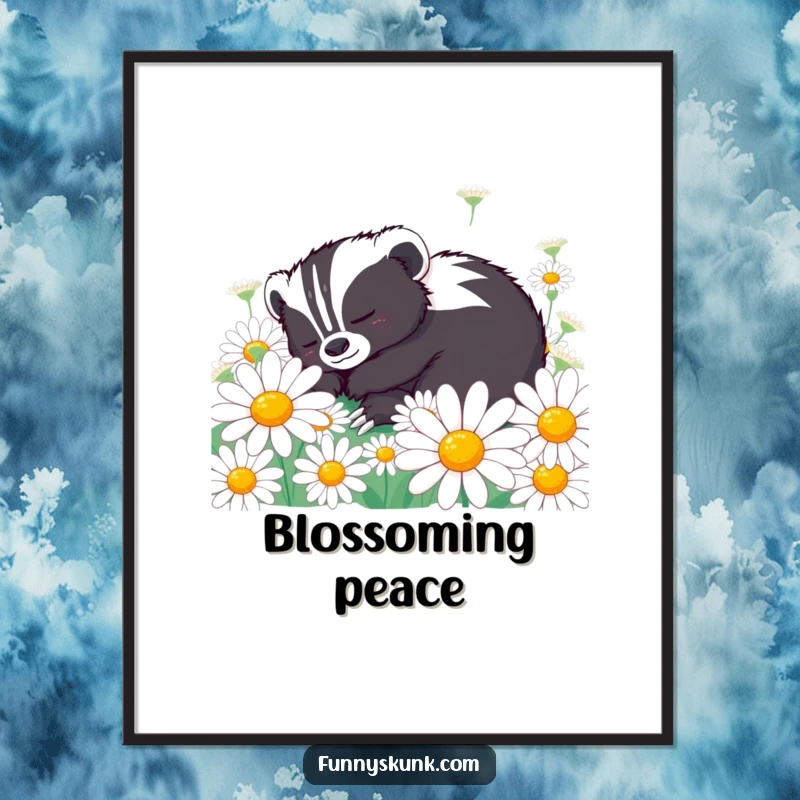 Funny skunk digital art print of a content skunk character peacefully napping in oversized daisies, bringing serene floral humor.