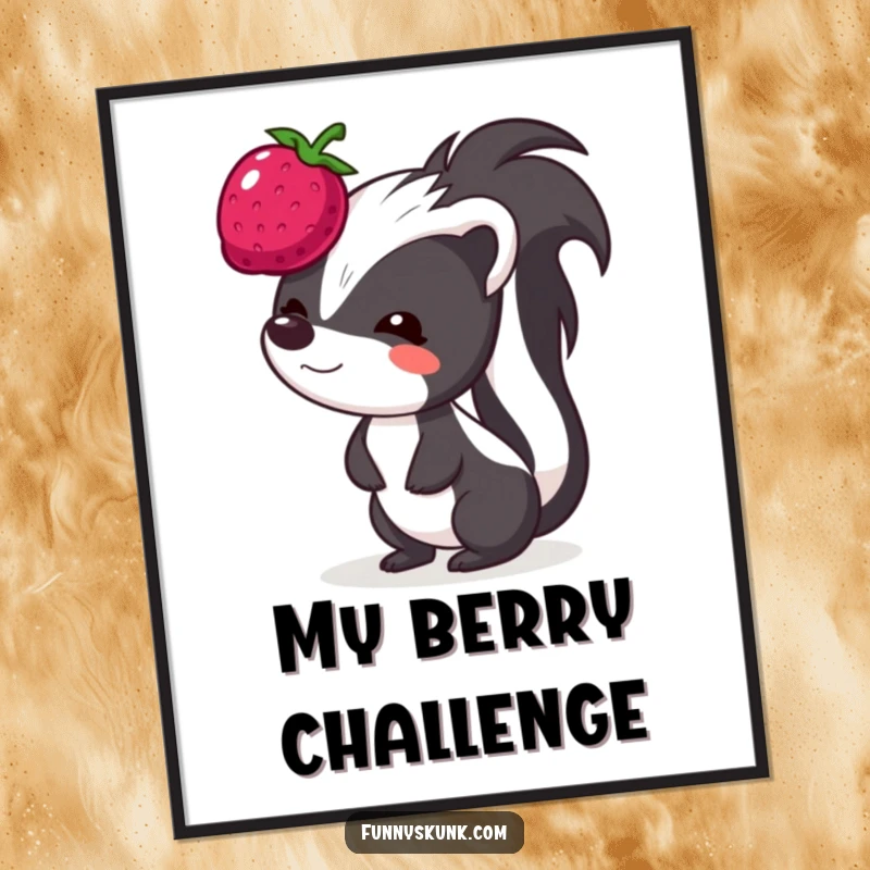 Funny skunk digital art print, a skunk with a funny face trying to balance a bouncing berry on its head.