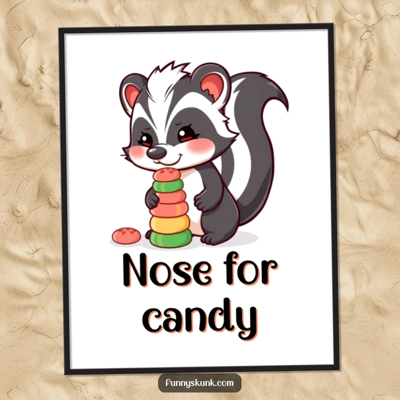 Funny skunk digital art print of a skunk character balancing a stack of colorful candies on its nose, a humorous display of skill.