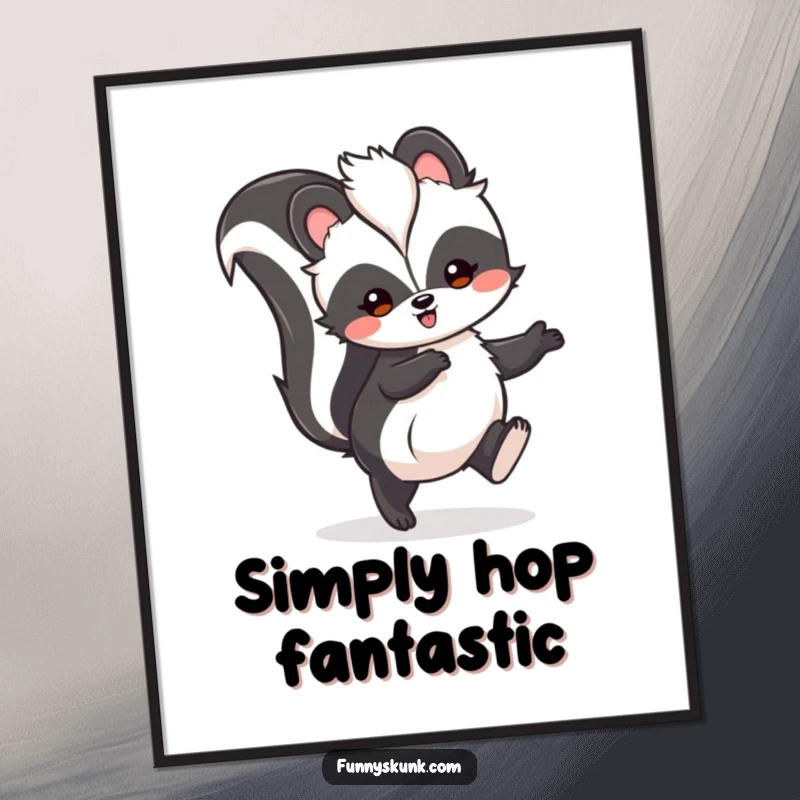 Funny skunk digital art print of a fluffy skunk doing a happy hop with tail held high, adding joyful decor.