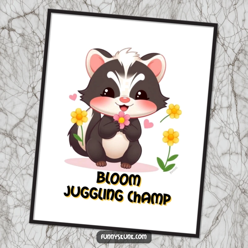 Funny skunk digital art print of a skunk happily juggling colorful flowers, capturing a moment of pure joy and playful artistry.