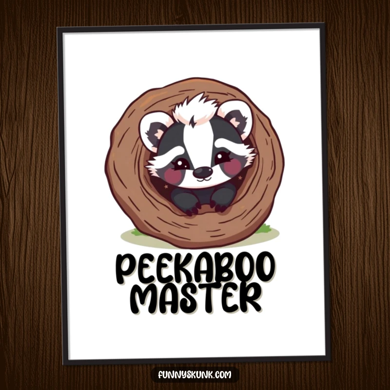Funny skunk digital art print of a mischievous skunk peeking from a hollow log with a playful wink, embodying playful charm.
