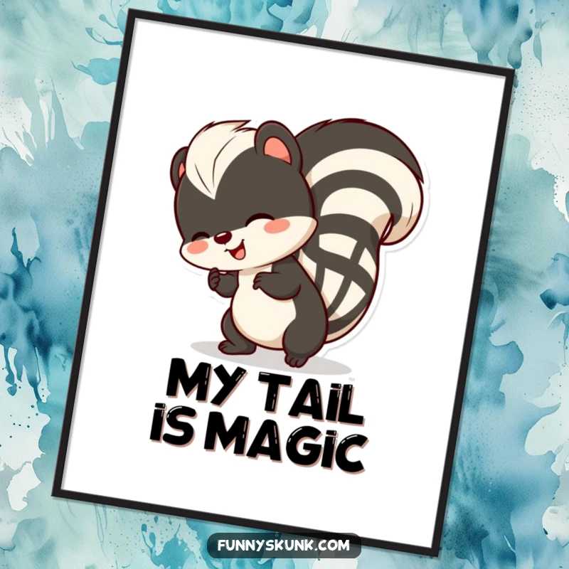 Funny skunk digital art print, a skunk comically wiggling its striped tail with pure, unadulterated delight.