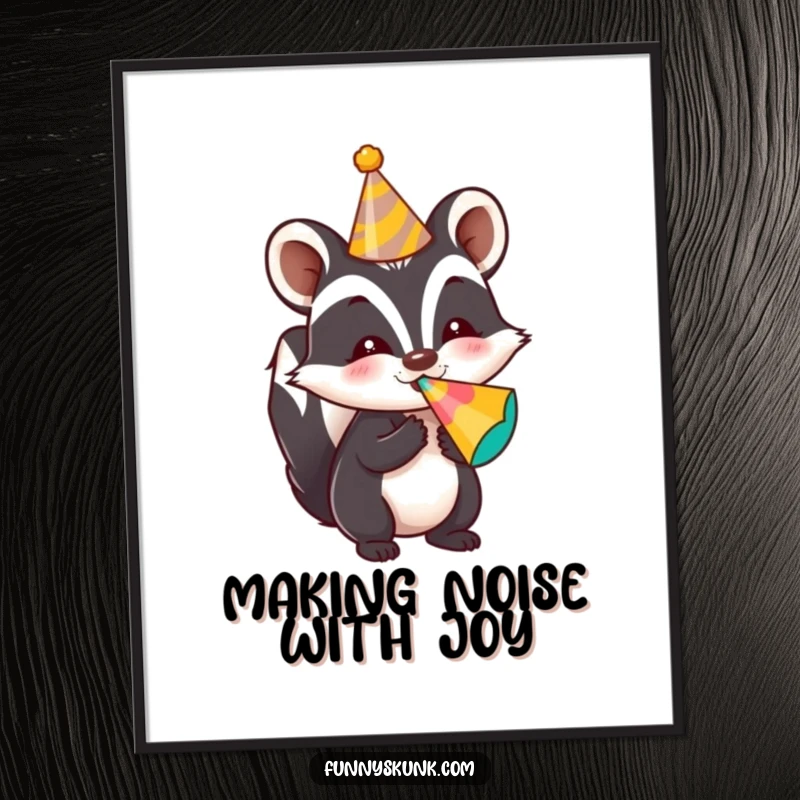 Funny skunk digital art print of a skunk in a party hat blowing a noisemaker, adding festive decor.
