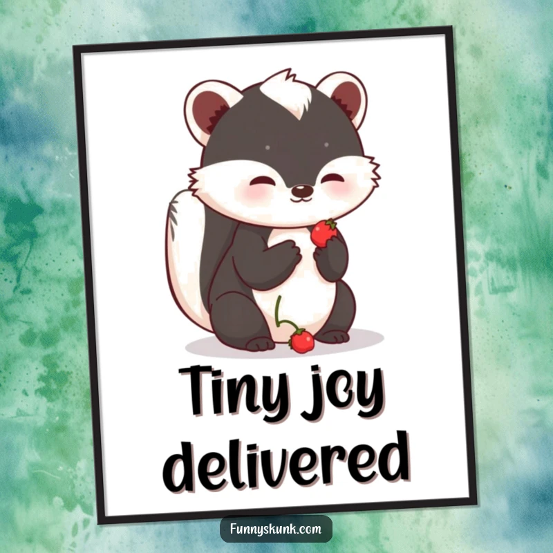 Funny shy skunk digital art print of a skunk offering a small, sweet berry with a hopeful expression, embodying gentle kindness.