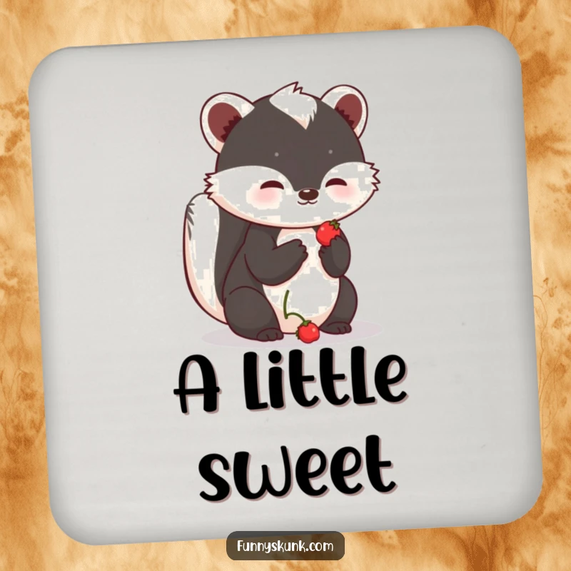 Funny shy skunk coaster featuring a skunk offering a small, sweet berry with a hopeful expression, a charming and protective addition.