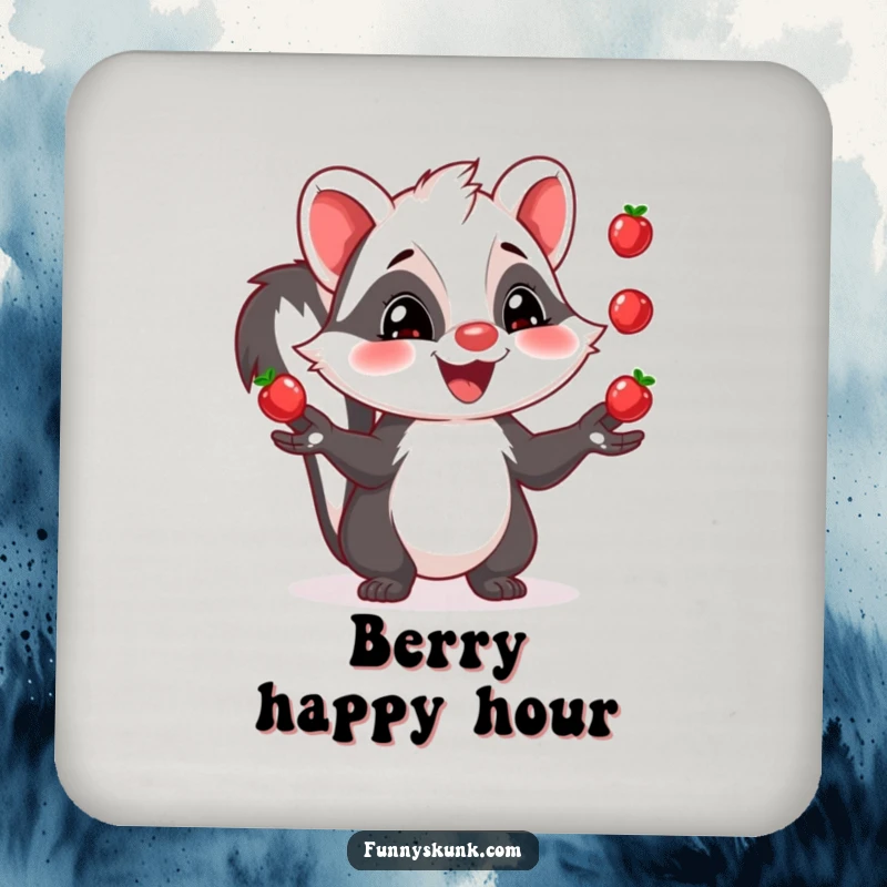 Funny skunk juggling coasters featuring a grinning skunk juggling three shiny berries, protecting surfaces with humor.