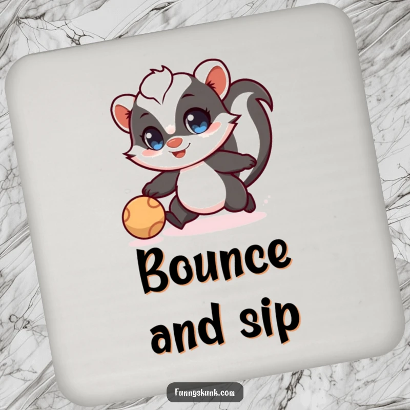 Funny skunk coaster showing a skunk with wide eyes playfully chasing a ball, a charming drink accessory.